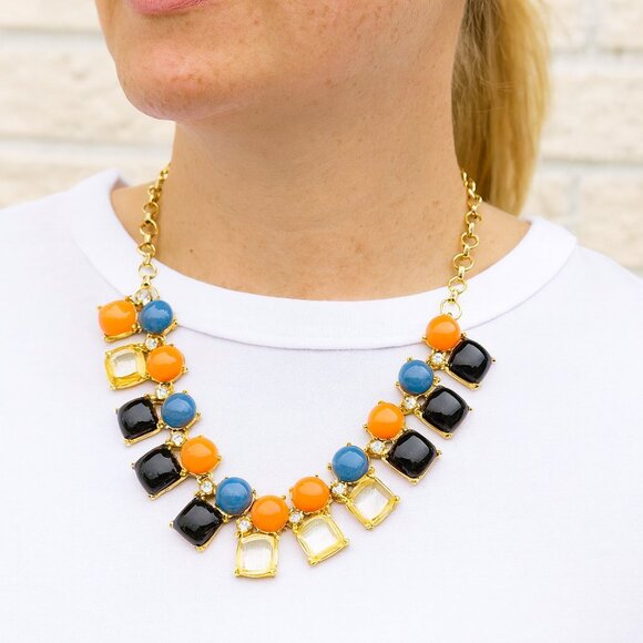 J. Crew Gold-Tone Statement Necklace Blue Black Clear Fluorescent Orange - Picture 1 of 4